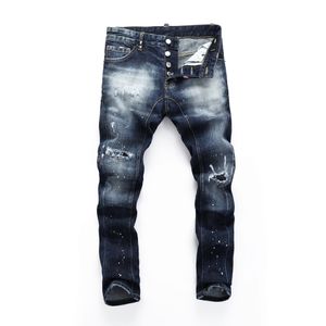 DSQ İnce Mavi Erkekler Kot serin adam kot pantolon klasik hip hop rock moto gündelik tasarım yırtılmış sıkıntılı denim bisiklet deliği dsq2 kot 402