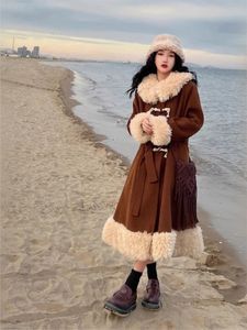 Women Blend Long Woolen Jacket 2023 Winter Fur Collar Mid length Overcoat Vintage Thick Warm Waist Fashion Coat Female 231129