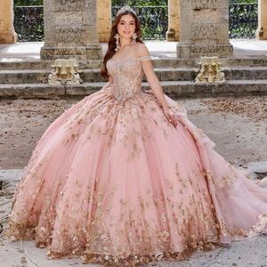 Pink Shiny Princess Quinceanera Dresses 3D Flower Applique Lace Beads Lace-up Corset Cinderella Prom birthday Sweet 16 Dress