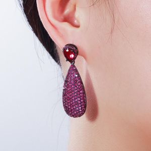 Dangle Earrings QooLady Gorgeous Black Gold Red Cubic Zirconia Stone Big Water Drop Charm Long Anniversary Party Jewelry For Women E017