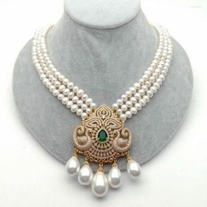 Pendant Necklaces 19'' 3 Strands 6-7MM Cultured White Freshwater Pearl Necklace Sea Shell Zircon