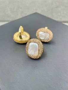 Halskette Ohrringe Set Natürliche Münze Grau Mabe Perle Gold Weiß Strass Pavé Ring VerstellbareOhrringe