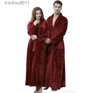 Men's Robes Women Winter Long Warm Flannel Bathrobe Plus Size Coral Fleece Bath Robe Men Shl Collar Lounge Sleepwear Lovers Dressing Gown L231130