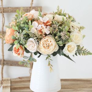 Dried Flowers White Silk Artificial Roses Wedding Home Autumn Decoration High Quality Big Bouquet Luxury Fake Flower Arrangement Bulk 231130