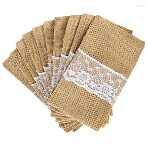 Conjuntos de louça 50 pcs vintage juta hessian serapilheira linho rendas talheres bolsa rústica decoração de casamento festa aniversário talheres titular saco