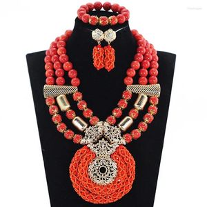 Necklace Earrings Set Nigerian Wedding Coral Beads Jewelry Chunky Bib Crystal African Costume Bride CG014