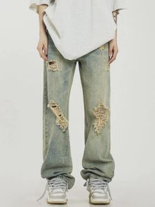Herrenjeans IFitnaEU Distressed Washed Hole Y2K und Damen High Street Casual Straight Leg Pants