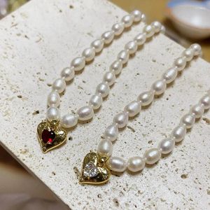Anhänger-Halsketten, klassische barocke natürliche Süßwasserperlen-Halskette, Herz-Zirkon-Vintage-Choker, Hochzeitstag, Geschenk, eleganter Schmuck