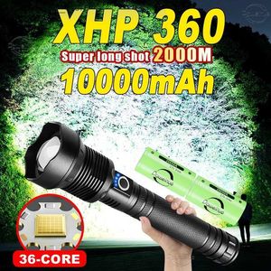 Torce 10000mAh Potente XHP360 Torcia di ricarica USB 18650 26650 Torcia a LED Zoom Torcia IPX65 Lanterna tattica Lampade da campeggio Q231130