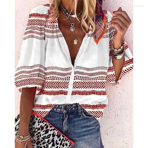 Kvinnors blusar Spring Loose Stripe Print Women's Shirt Office Large Size Long Sleeve V Neck Topps Casual Ladies Designer Cardigan Blus