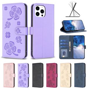 Lucky Flower Leather Wallet Falls för iPhone 15 Pro Max 14 Plus 13 12 11 X Xs XR 8 7 6 Fyra-Leaf Clover ID-kortplats Hållare Flip Cover Kickstand Book Girls Book Phone Pouch