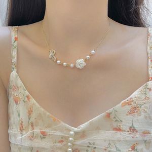 Choker Temperament Vintage White Rose Butterfly Necklace Gold Color Pearl Clavicle Chain Women's Necklaces Ins Fashion Jewelry
