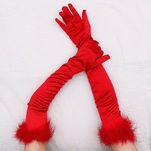 Five Fingers Gloves 55cm Silk Satin Dance Party Elastic Long Female Cuff Feather Elegant Red Halloween Makeup Opera Stage 231130