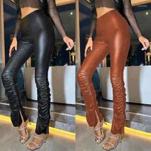 Men's Pants Women's Leather Heaped High Waist Trousers PU Women Sexy Tight-fitting Bright