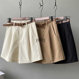 Women's Shorts Belt Pure Cotton Women High Waist Wide Leg A Line Suit Oice Lady Solid Loose Casual All Match Short Pantsyolq