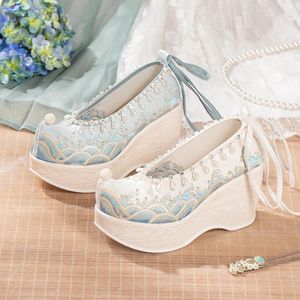 Boot Cheongsam Hanfu High Heeled Brodered Shoes Chinese Style Ancient Fairy Cosplay Ankle Pearl Lace Up tyg 231130