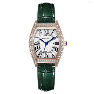 Armbanduhren Damenuhr Quarz Diamant Tonneau Gürtel Damenuhren Einfache Mode Kreativ Grün Roman Damen Mineral Gehärtetes Glas