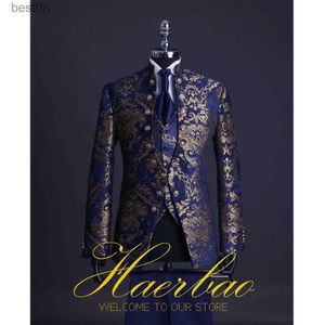 Men's Suits Blazers Men Suit Set Stand Collar Mens Wedding Suits Formal Groom Tuxedo Come Handsome Blue Gold Floral Rim StageL231130