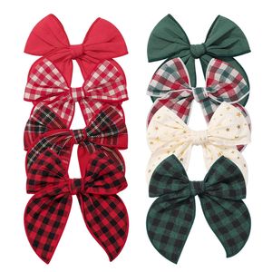 Tails Holder 32pc/lot 5" Fable Bows Nylon Headbands Plaid Hair Bows Hair Clips Kid Girls Cotton Christmas Tartan Bow Hairpin Child Headwear 231118