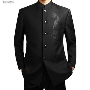 Men's Suits Blazers 2022 Black Chinese Robe Suit Mens Traditional Stand Collar Suit Apec Leader Clothing Embroidery Dragon Totem Suit Tang SuitL231130