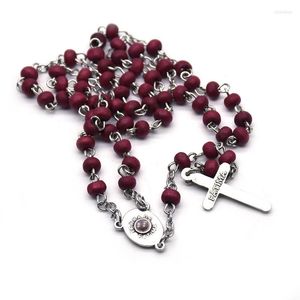 Chains Red Color Wood Beaded Cross Pendant Necklace Women Men Geometric Rosary Catholic Religious Jewelry