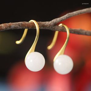 Stud Earrings For Women 925 Silver Earings White Jade Vintage Costume Jewelry Gilded Gemstone Gold Small Ear Studs Heart Ball