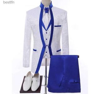 Abiti da uomo Blazer Bianco Blu Abito da uomo per smoking da sposo da sposa Colletto Shl Giacca formale Giacca Blazer Pantaloni Gilet Tre pezzi Come HommeL231130