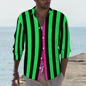 Camicie casual da uomo Camicia Colorblock Maschio Neon Green Stripes Camicette grafiche autunnali Manica lunga Vintage Oversize Top Regalo di compleanno