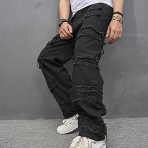 Мужские джинсы Мужская уличная одежда в стиле хип-хоп Свободные прямые брюки Мужские стильные повседневные джинсовые брюки с рваными нашивками 231129