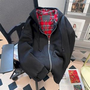 Women's Hoodies Vintage Plaid Hooded Sweatshirts Y2k Zip Up Women 2023 Autumn Winter Harajuku Jackets Korean Coats Kpop Clothes