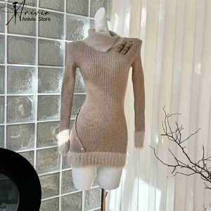Basic Casual Dresses Fashion Knitted Sweater Dress for Women 2023 Autumn Winter Y2K Elegant High Neckline Ruffled Design Long Sle Mini DressesL231130