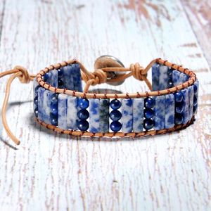 Strand JoursNeige Hand Weaving Boho Bracelets Blue Natural Stone Single Leather Wrap Cuff Vintage Bracelet Jewelry