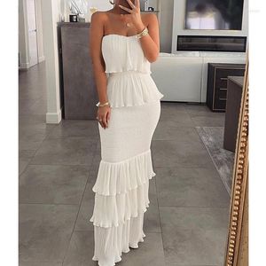 Vestidos casuais mulheres elegantes vestido maxi de verão sexy slim mangas banduau shirred bainha bainha em camadas para festa de convidado de casamento