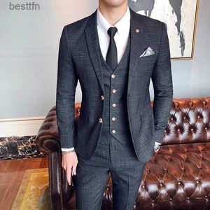 メンズスーツBlazers S-7XL（Blazer + Vest + Pants）Groom Wedding Dress Dark Plaid Classic Retro Men's Formal Business Suit 3ピースSetl231130