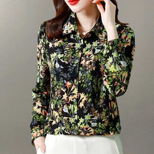 Women's Blouses Shirts Elegant Floral Printed Blouse Women Lapel Long Sleeve Straight Silk Fashion 2023 Autumn Tops Size M-4XLyolq