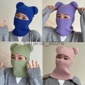 Beanie/Skull Caps New Wome's Cute Full Face Cover Ski Mask Hat With Bear Ear Balaclava Sticked Hats Windproect Skullies Beanies Bonnet Winter Warm J231130