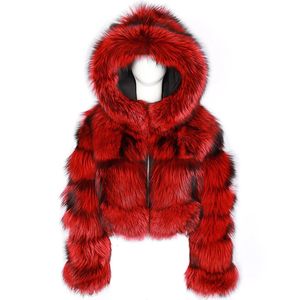 Women's Wool Blends Red Raccoon Fur Coat Winter Furry Cropped Faux Coats and Jacket Fluffy Top Hooded Zip Short Fashion 231129