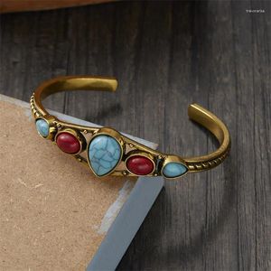 Bangle Bohemian Etnic Style Armband Vintage Droplet Shaped Turquoise Carved Hollow Open justerbar