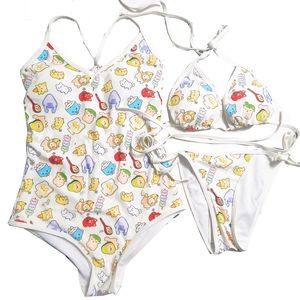 Tasarımcı Mayo Yular Push Up Suty String Bandage Briefs Suit Karikatür Baskı Tek Parça Bikini Kadın Yaz Plaj Tatil Bikini