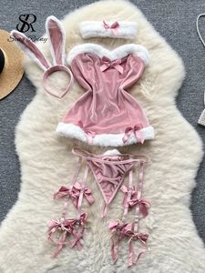 Sexig set SingReiny Cosplay Rabbit Maid Nightwear Halter Splice Fur Bow Lingerie Combination Christmas Erotic Porno Underwear Set 231219