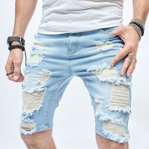 Calça jeans masculina curta rasgada na altura do joelho com buracos na cintura média casual fashional branqueada shorts retos