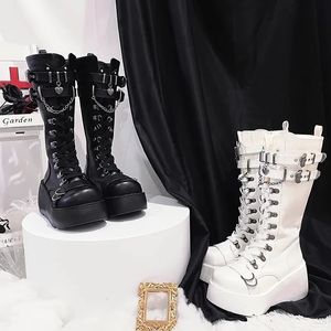 Boots Metal Buckle Chunky Platform Punk Boots Women Winter Gothic Thick Bottom Knee High Boots Woman Black Wedges Cosplay Shoes 231129