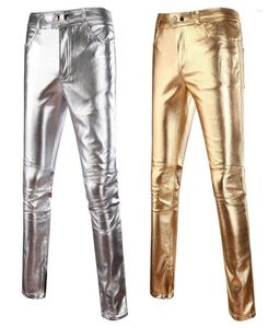 Pantaloni da uomo039 Pantaloni neri casual da uomo Pantaloni da uomo Skinny lucidi in oro argento PU Pelle Moto Discoteca Stage per cantanti8036291