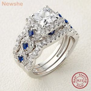 Anéis de casamento ela 3 peças conjunto para mulheres 925 prata 2 6ct princesa corte branco azul aaaaa cz luxo jóias de noivado nupcial 231129