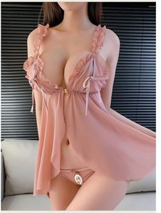 Casual Dresses Mesh Lace Sheer Mini Dress V Neck Women Sexy Hollow Out Uniform Sling Ruffles Transparent Elegant Pink Korean S5V
