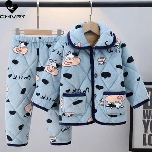 Pyjamas Winter Kinder Flanell Baumwolle gepolstert Dicke Warme Pyjamas Cartoon Revers Pyjamas Sets Baby Jungen Mädchen Nachtwäsche Kleidung Hause Tragen 231129