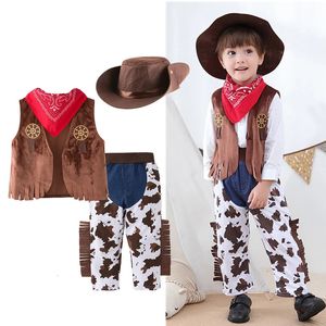 Set di abbigliamento Vestiti per neonati Ragazzi Costume da cowboy per bambini Bambini Cosplay Gilet Pantaloni Pantaloni Sciarpa Cappello 4 pezzi Abiti per bambini 231130