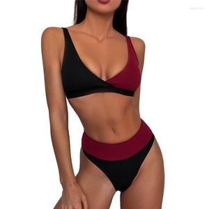 Damen Bademode 2 Stück Damen Farbblock Badeanzüge Erwachsene Sexy Gerippter V-Ausschnitt Bikini Oberteile Unterteile Badeanzüge Damen Sommer Beachwear