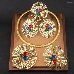 Necklace Earrings Set Italian Gold Color For Women Weddings Bride Zircon Stone Flower Big Dubai African Bangle Ring