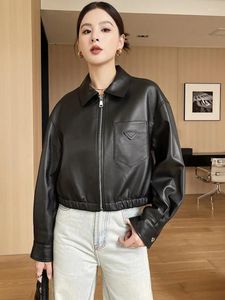 Skórzana skóra damska swoboda czarna oryginalna kurtka dla kobiet jesień 2023 prosta mundur baseballowy zlewki przycięty płaszcz owczej skóry